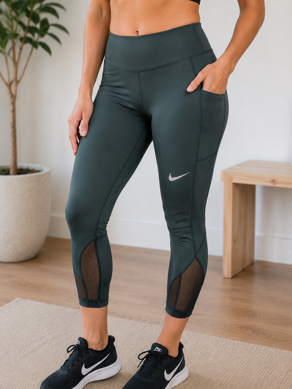Nike Women’s Dri-FIT Mesh Panel Workout Leggings Black Size Medium Pockets